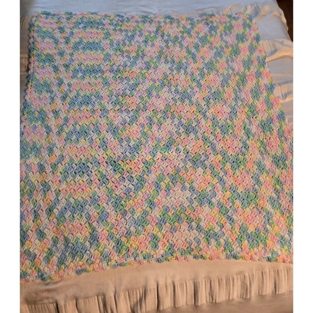 Vintage Handmade Spring Pastel Pink Blue Crochet Throw Blanket